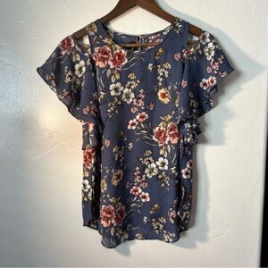 BCX Floral Ruffle Sleeve Blouse - Navy